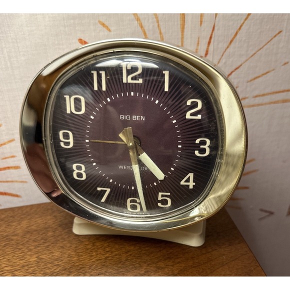 VTG Big Ben Westclox Windup Glow In Dark Alarm Clock MCM Gold & Eggshell Tested - Picture 1 of 10